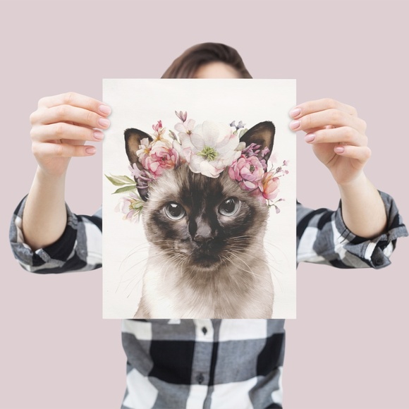 Watercolor Siamese Cat with Flower Crown Wall Art Print Unframed - Picture 4 of 6